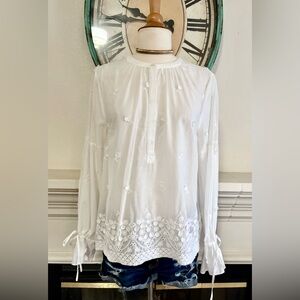 J. Crew White Embroidered Mandarin Collar Blouse